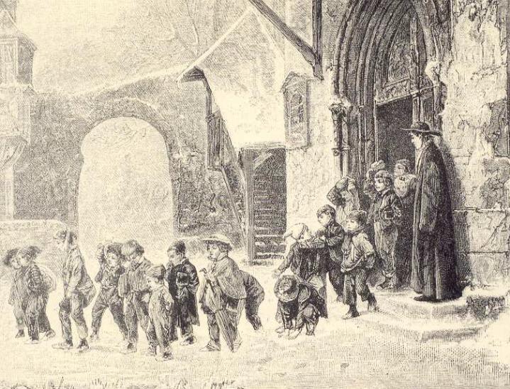 Dibujo de un grupo de niños saliendo de una iglesia